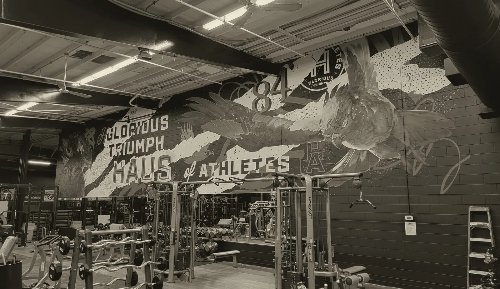 The original Haus of Athletes training floor in Methuen, Massachusetts, with the Glorious Triumph mural on the wall