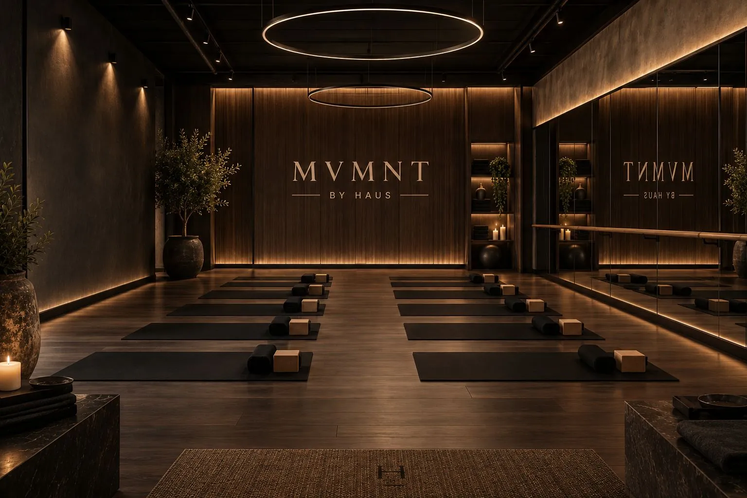 Rendering of the MVMNT by Haus studio: dark wood walls with warm cove lighting, rows of yoga mats with blocks and bolsters, a mirrored wall with a barre, and circular pendant lights
